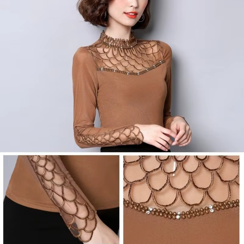 Chemise à manches longues pour femmes, chemisier tendance, chemisier à découpes en dentelle, haut élégant, patchwork fin