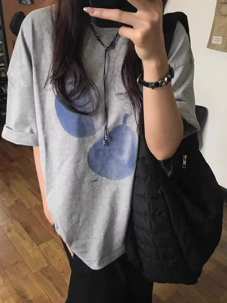 T-shirt imprimé fruits bleus pour hommes et femmes pur coton rétro mode d'été tendance confortable Couple haut à manches courtes Harajuku
