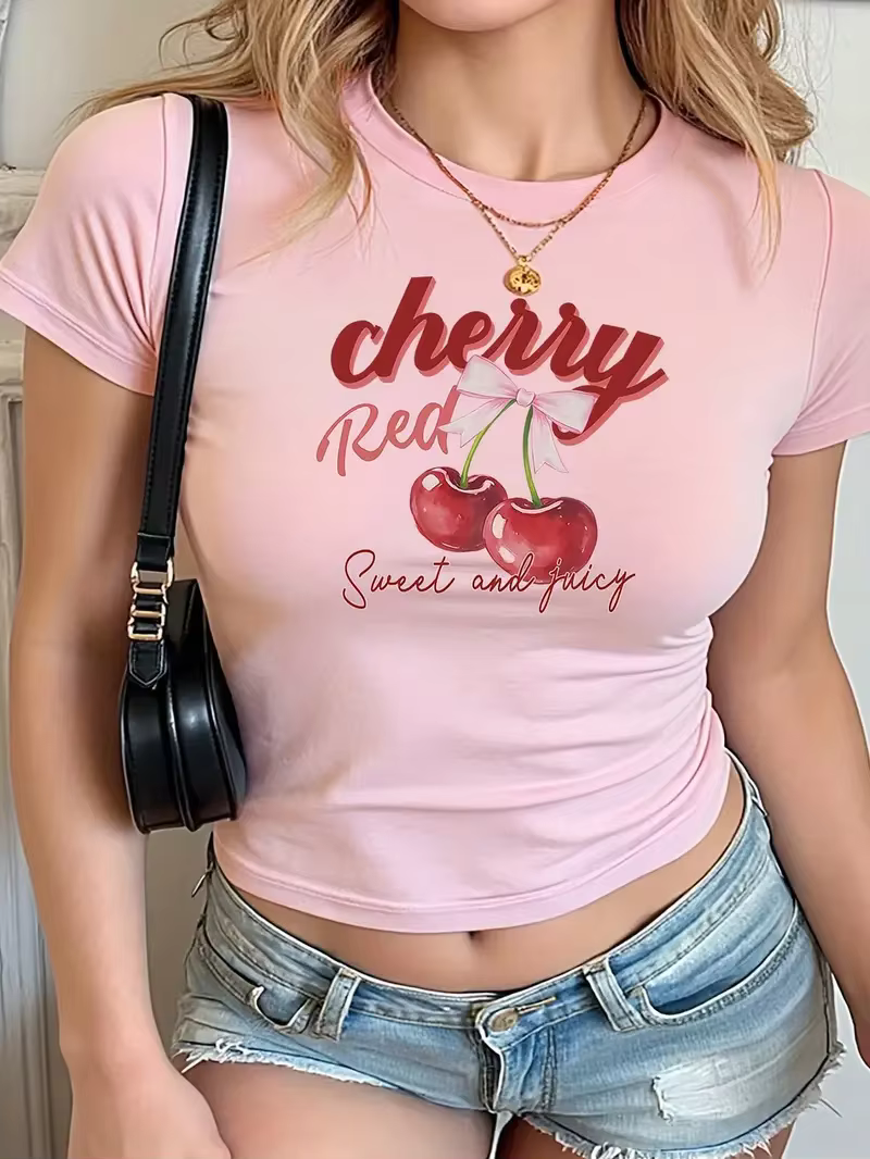 Chic cerise rouge Slogan imprimé col rond manches courtes haut court T-shirt femmes