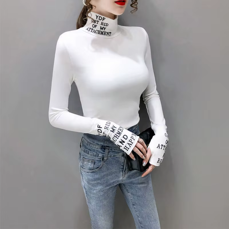 T-shirt à manches longues et col roulé en coton pour femme
