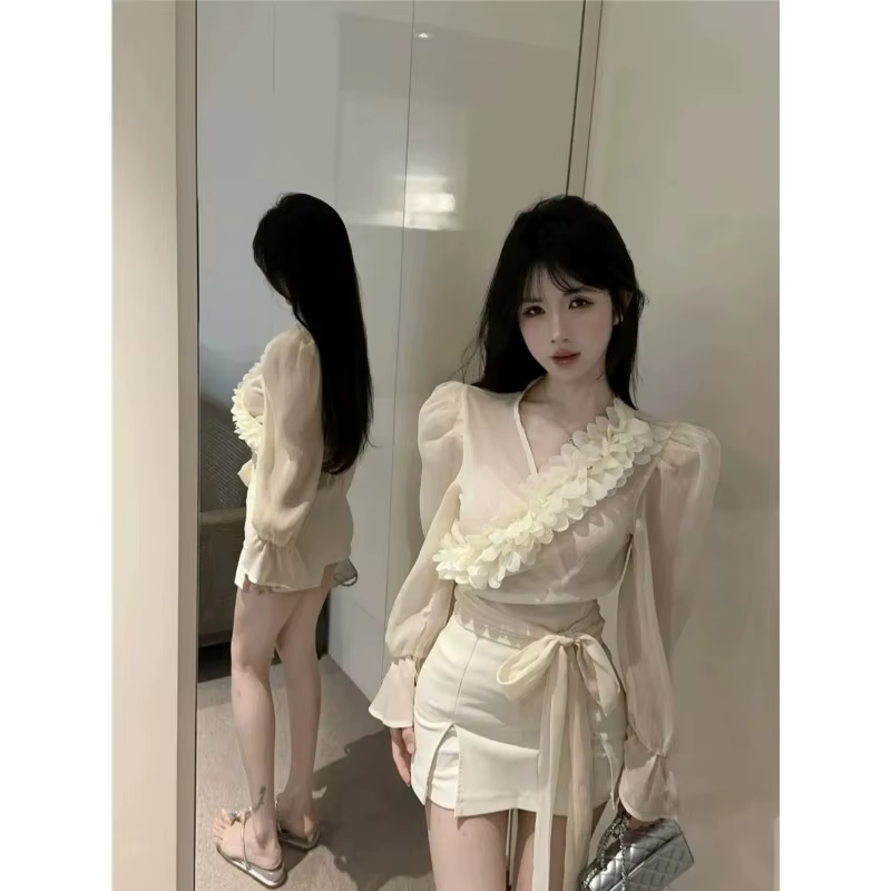 Chemise française en mousseline de soie à manches bouffantes pour femmes, petit haut français à col en v, pur désir, belles chemisiers, été