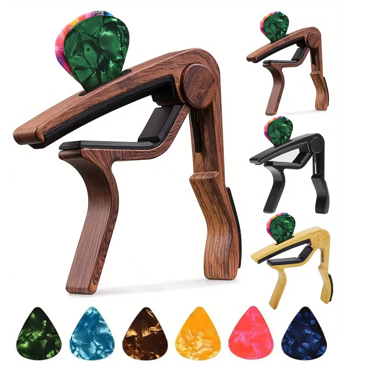 Capodastre de guitare en alliage de zinc de haute qualité avec 5 plectres en celluloïd (couleurs aléatoires) - Convient