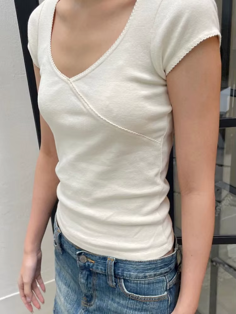 ZOCI T-shirt vintage slim col en V en coton pour femme