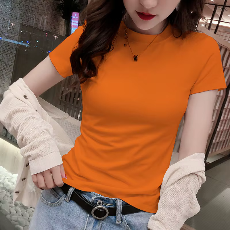 Mode coréenne 2025 femmes Orange T-Shirt coloré à manches courtes décontracté haut rigide été col