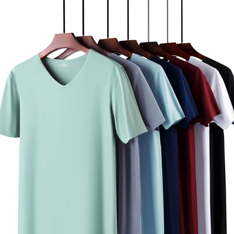 Chemise Slim pour hommes chemises de base en soie glacée couleur unie respirant sans couture T-shirt