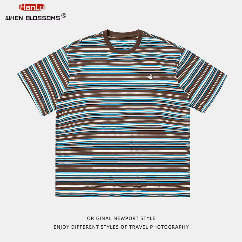 HANLU rétro contraste couleur rayure à manches courtes T-Shirt unisexe été nouveau Style broderie à la mode décontracté Couple t-shirts