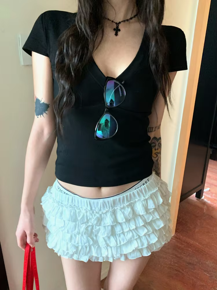 Col en v à manches courtes hauts décontracté femmes t-shirts noir été maigre Sexy solide basique haut court mode Streetwear