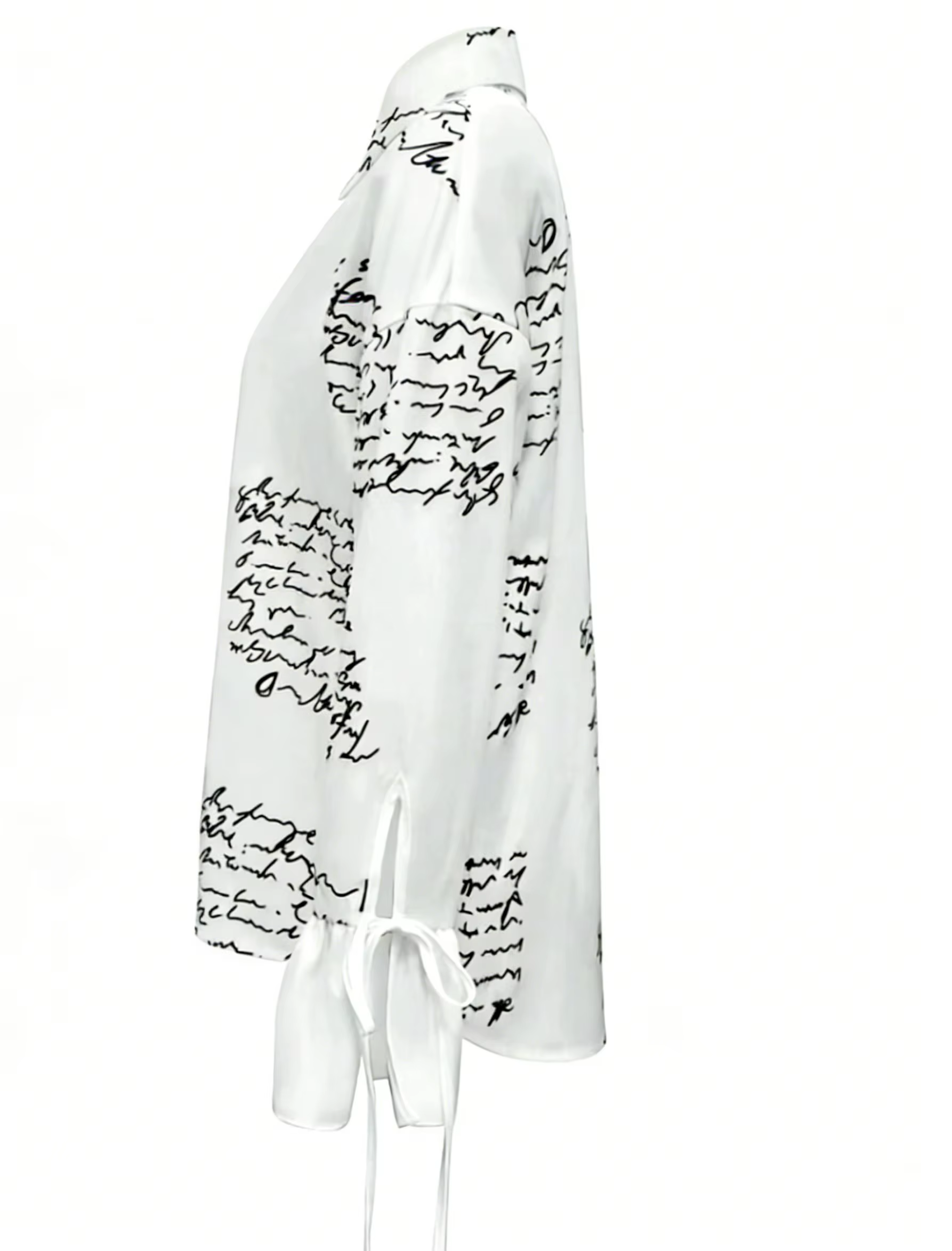Chemise boutonnée blanche à imprimé script pour femme - Blouse décontractée à manches longues avec poignets à nouer pour le bureau et le style urbain