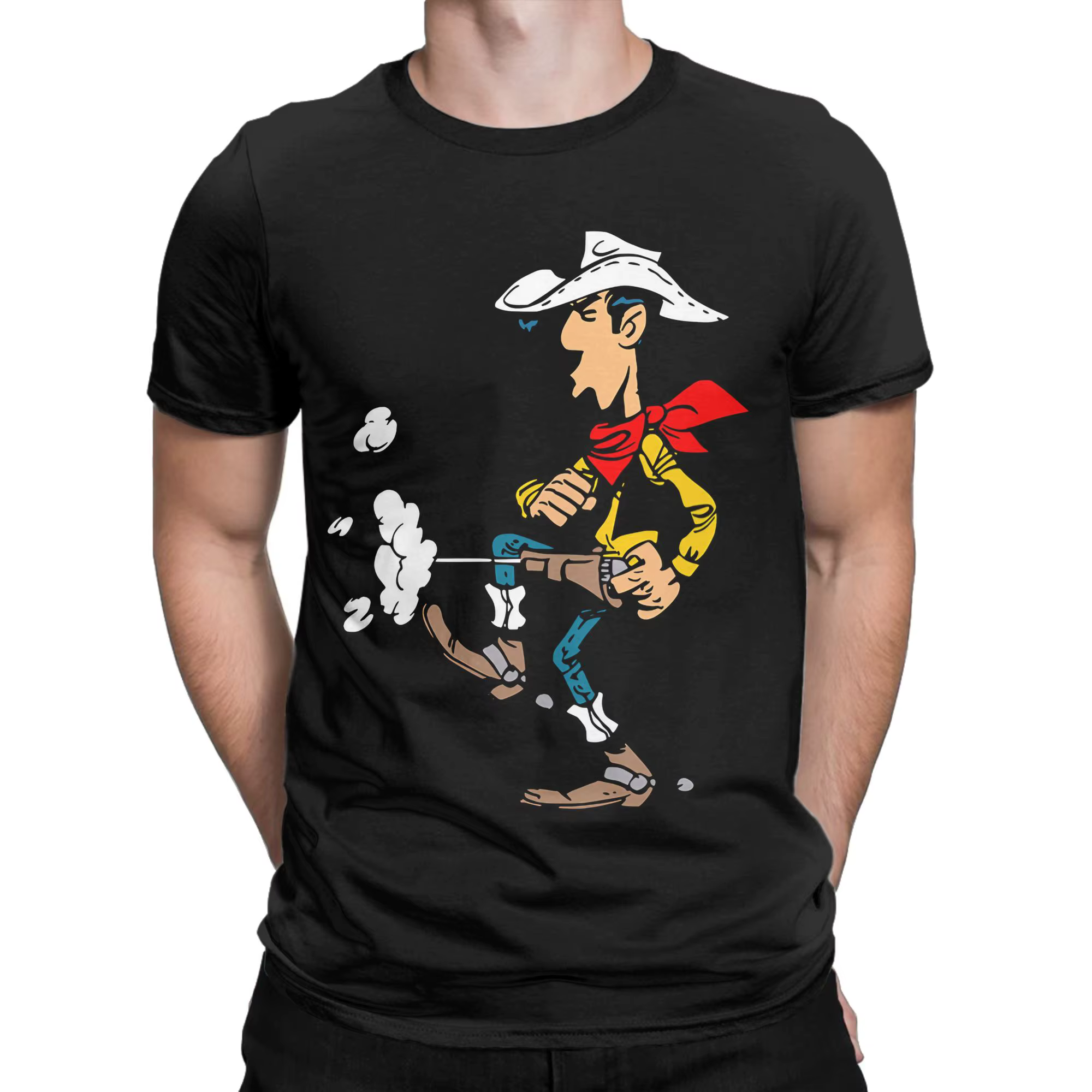 T-shirts Lucky Luke pour hommes, hauts en pur coton avec dessin animé, décontractés, à manches courtes, col rond, cadeau d'anniversaire