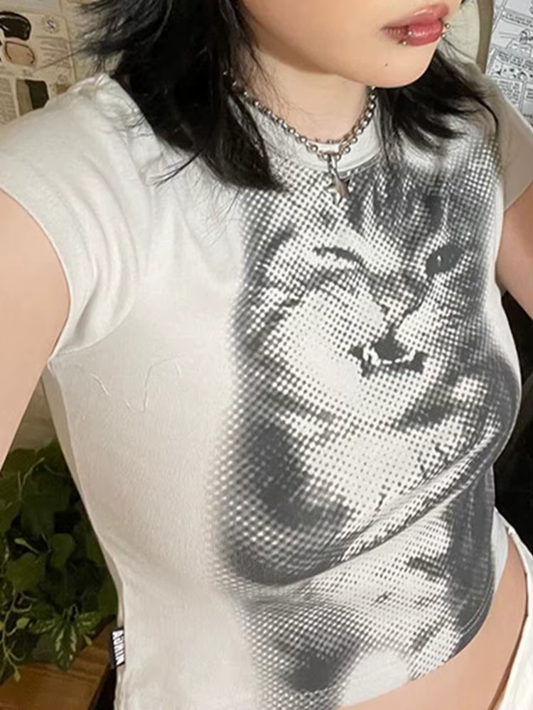 Harajuku Animal imprimé haut court basique blanc à manches courtes col rond T-shirt femmes décontracté mince t-shirts dame y2k Vintage