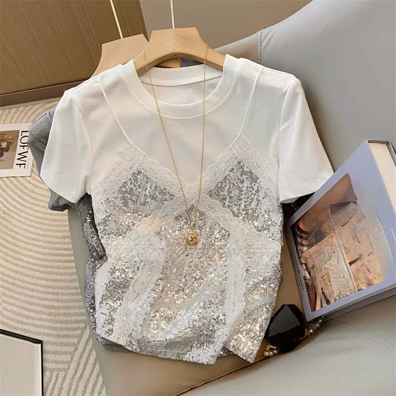Faux 2 pièces t-shirt pour femmes printemps été dentelle Patchwork T-shirts mode coréenne doux à manches courtes Ropa De Mujer