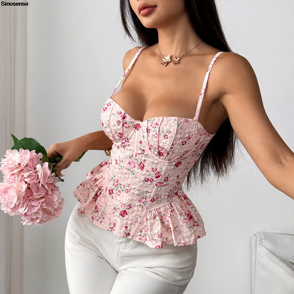 Femmes imprimé fleuri arête de poisson haut Corset Sexy à lacets à volants ourlet Bustier Cami sortie Camisole Y2K Date été Boho hauts de plage