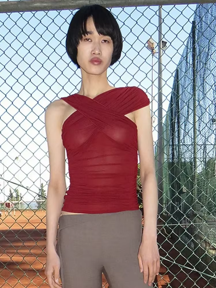 Haut court transparent en maille pour femmes
