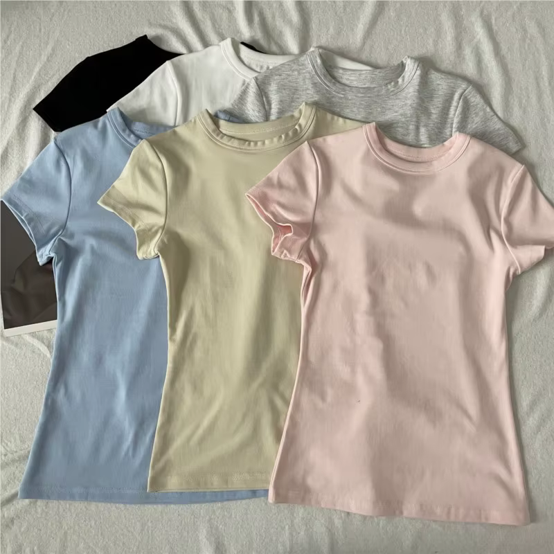 T-shirts en coton rose à col rond pour femmes