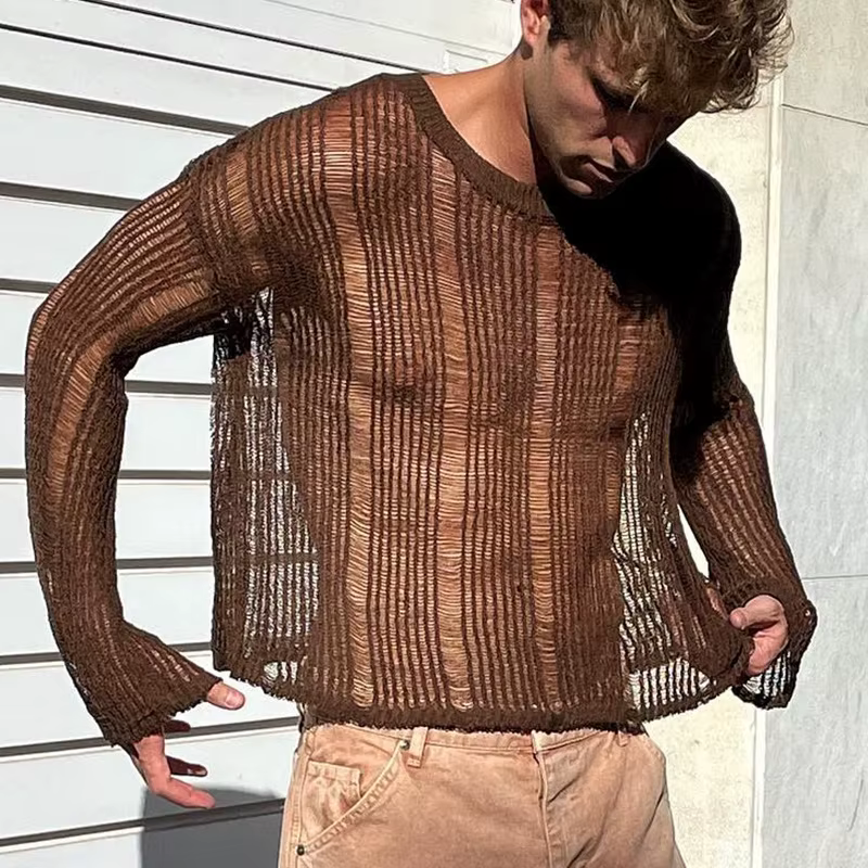 Hommes t-shirts nouvelle mode tissé couleur unie haut en maille tricot chemise mince à manches longues Sexy T-shirt