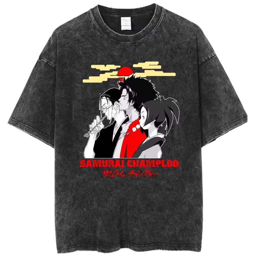 Anime graphique samouraï Champloo T-shirt Vintage lavé surdimensionné T-Shirts hommes femmes vêtements pur coton à manches courtes T-Shirts