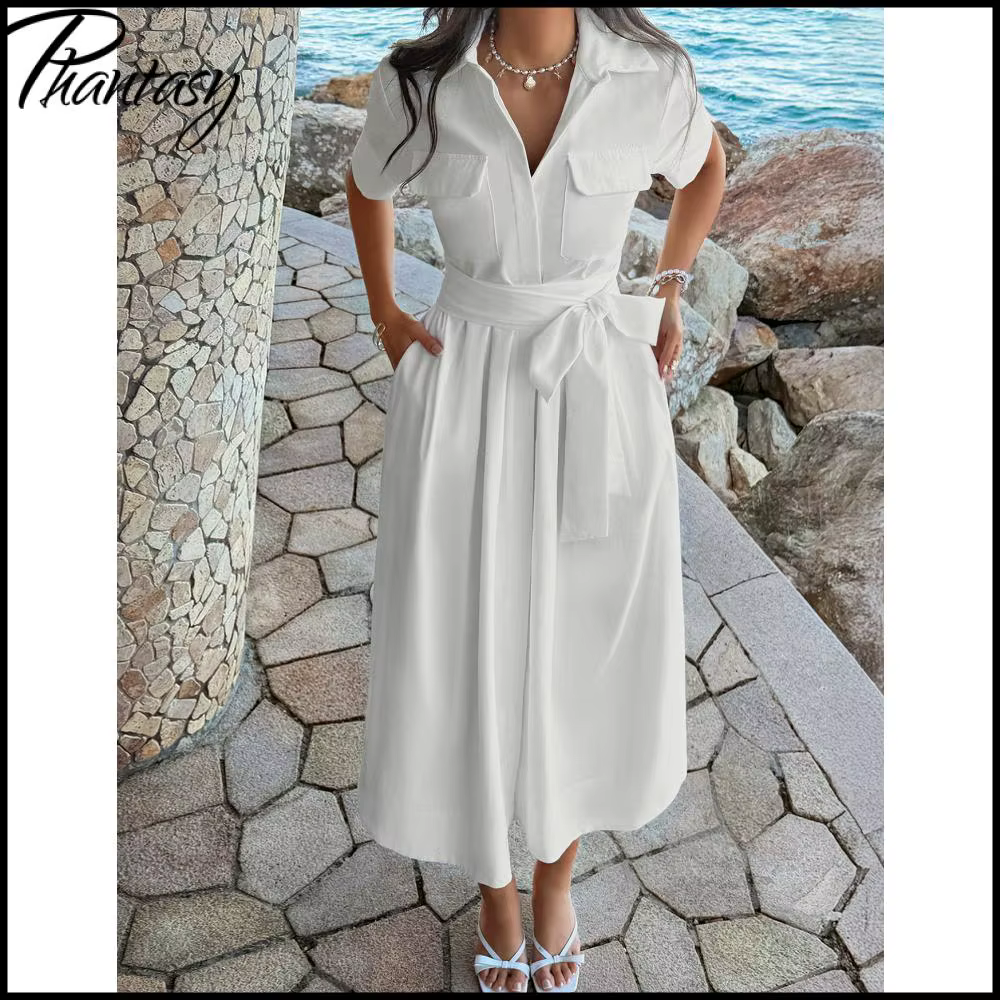Robe chemise élégante blanche boutonnée pour femme