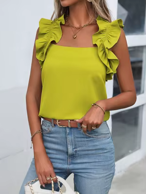 Débardeur à volants vert citron pour femme, col carré, sans manches, ourlet incurvé, tenue décontractée d'été