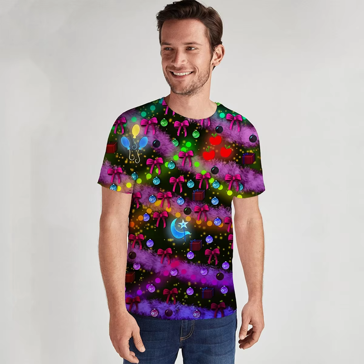 T-shirt de Noël : imprimé arbre lumineux 3D avec effets spéciaux | L'article de mode d'ouverture pour les célébrations