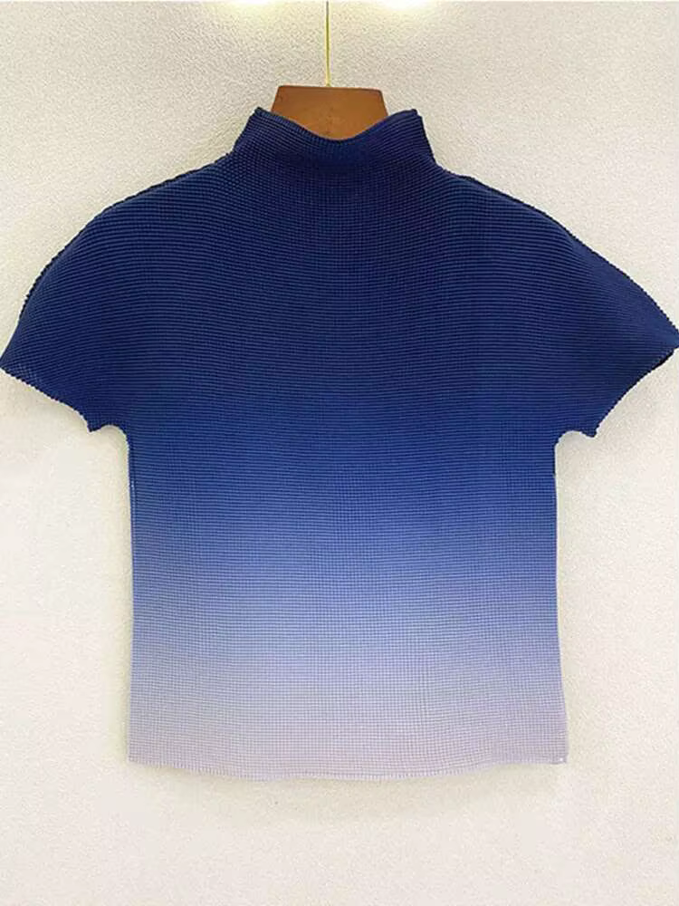 DEAT T-shirts plissés dégradés à col montant et manches courtes pour femme, style décontracté, nouvelle mode été 2026 15HT177