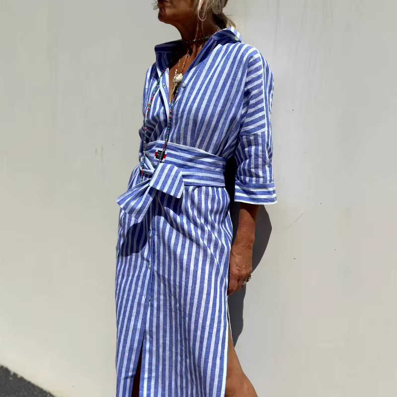 Robe chemise cardigan à col polo sans manches mi-longue rayée tendance pour femme