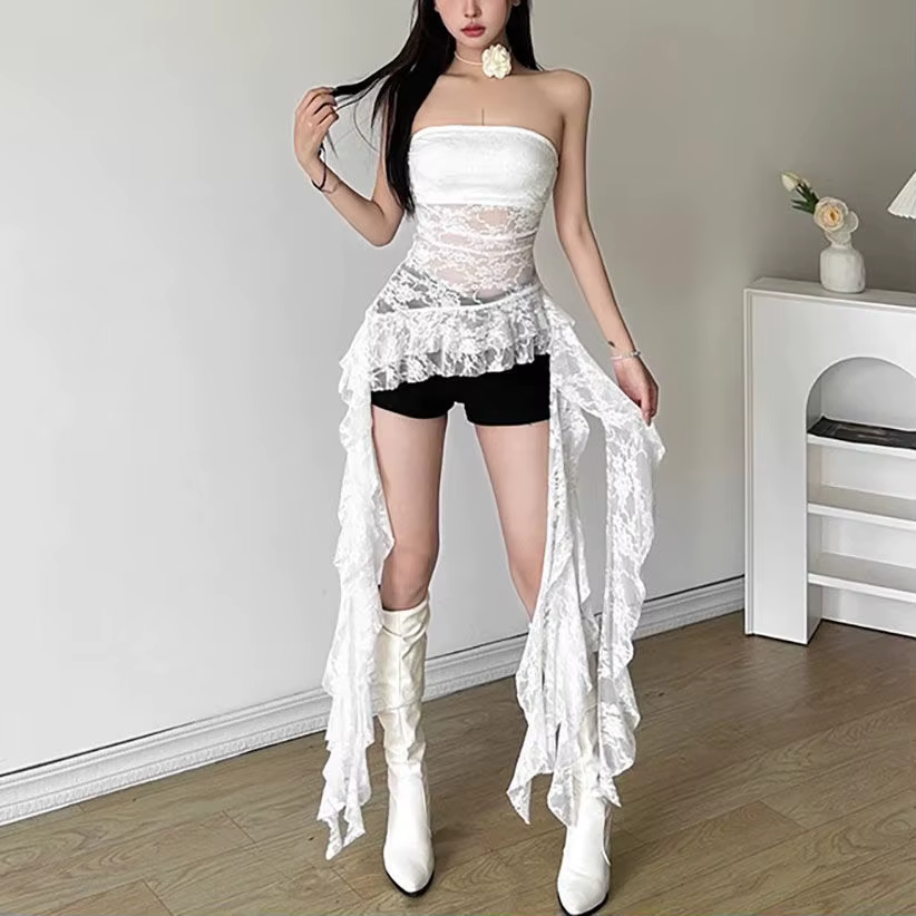 Doux Sexy Irrégulier Asymétrique Mince Débardeur Y2k Harajuku Dentelle T-shirt Femmes Noir Blanc Hauts À Volants Mignon Top Corset À La Mode Nouveau