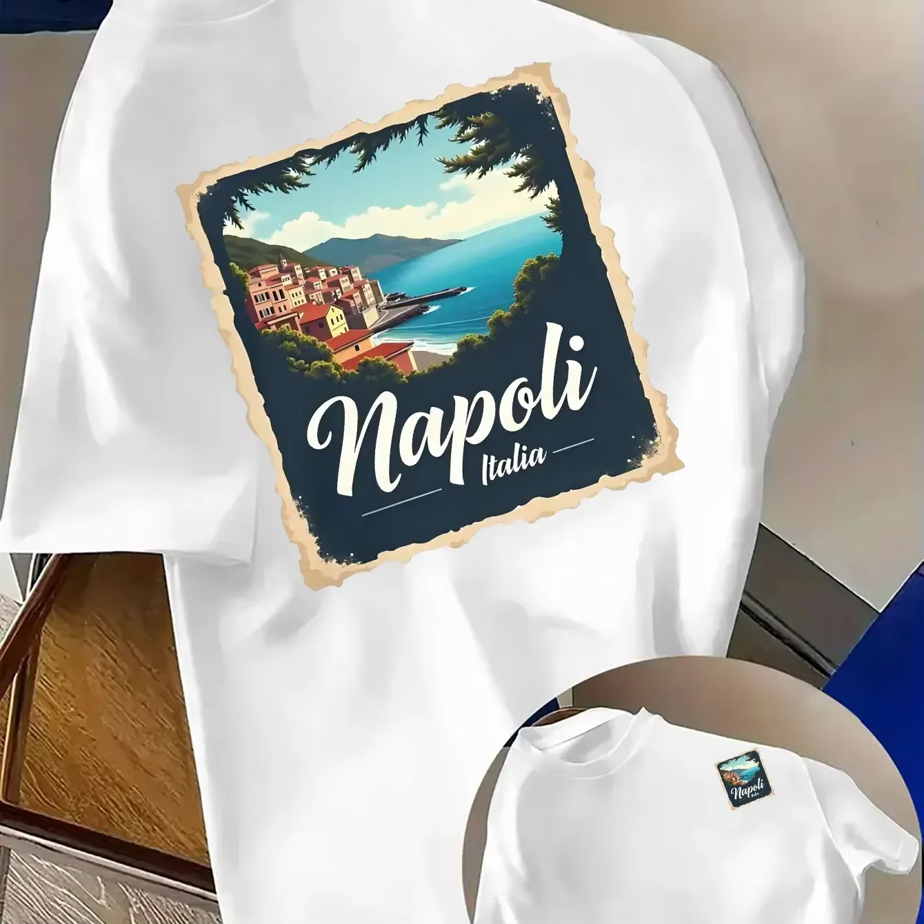 T-shirt pour homme en coton 100% avec imprimé paysage côtier italien