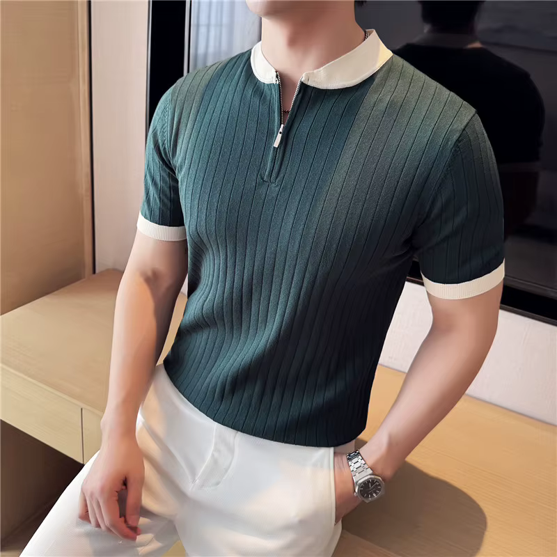 Hommes tricoté Polo Style britannique été léger mince à manches courtes usage quotidien haut t-shirt