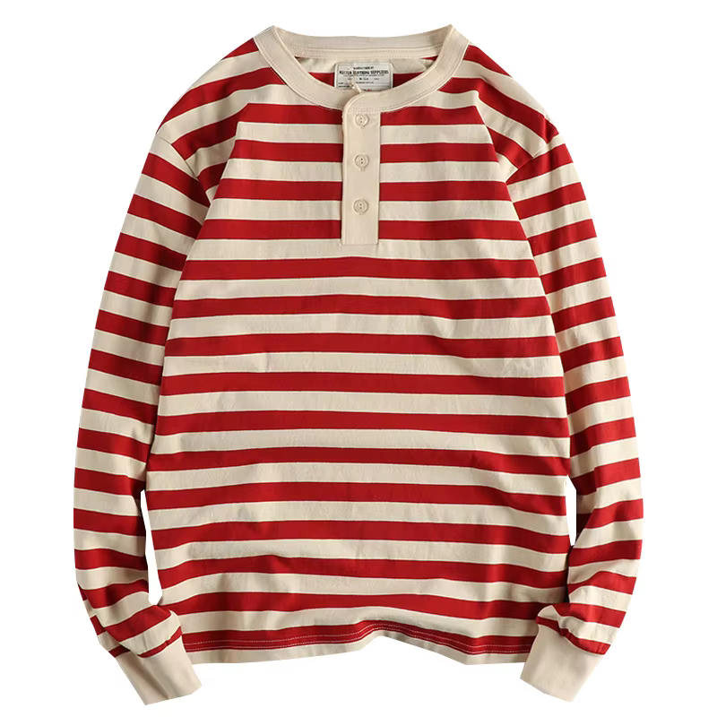 Automne américain rétro 230g poids lourd col Henry rayé T-shirt hommes mode 100% coton lavé décontracté ample résistant gars hauts