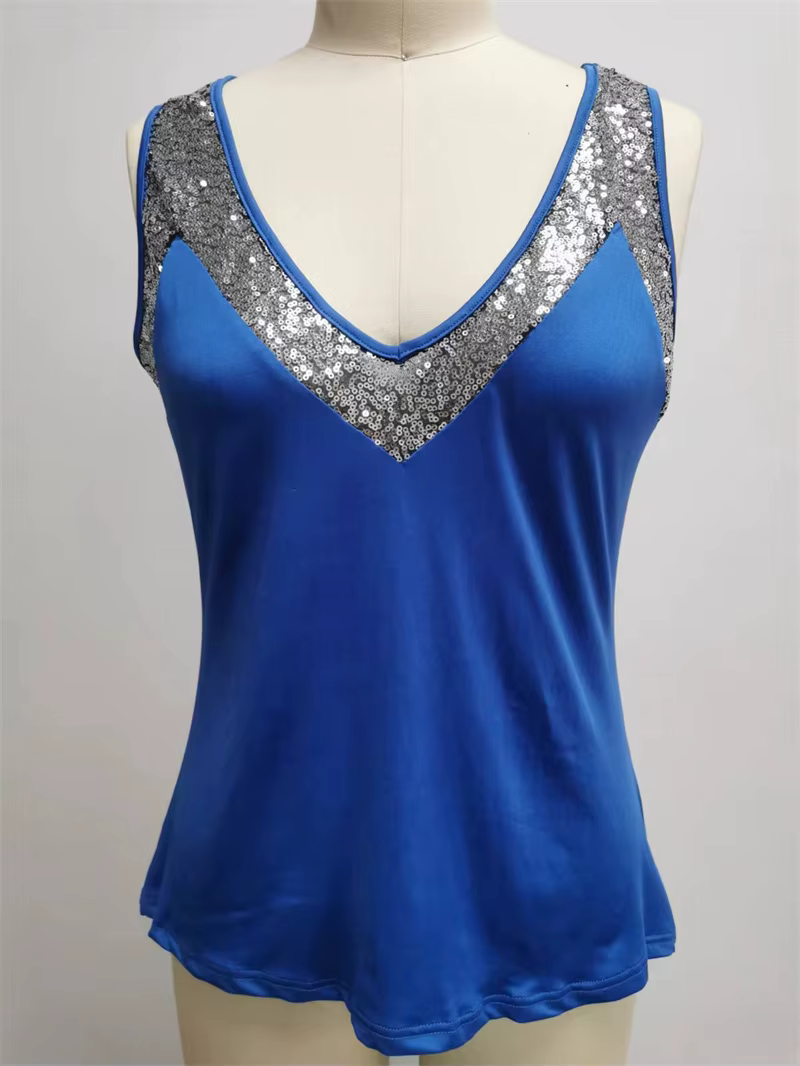 T-Shirt à Paillettes et Col en V pour Femme