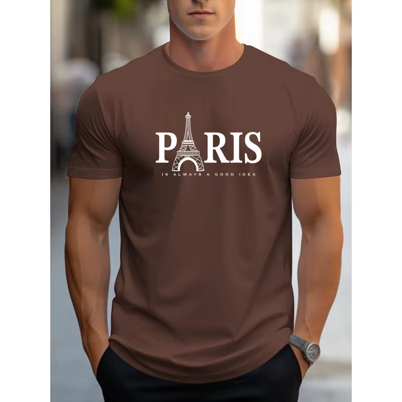 T-shirt à motif Tour Eiffel de Paris pour hommes - Col rond décontracté