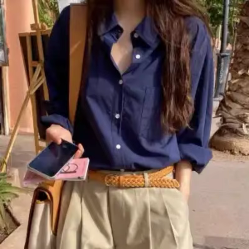 Chemise en lin mélangé bleu marine pour femme