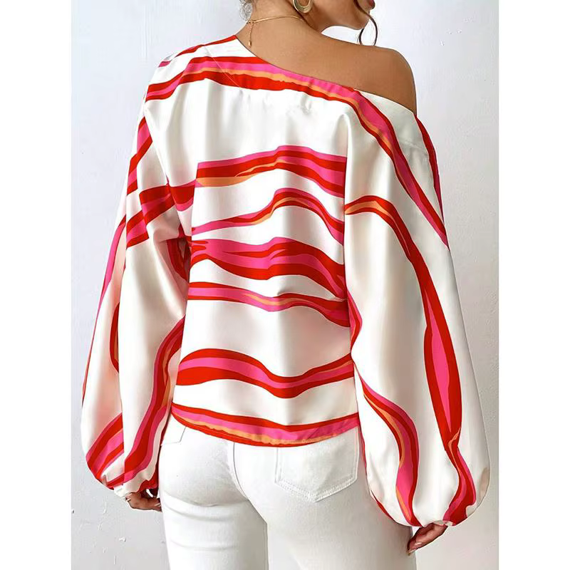 Mode à manches longues Sexy épaules nues chemises femmes Slash cou imprimé Blouses décontractées en vrac