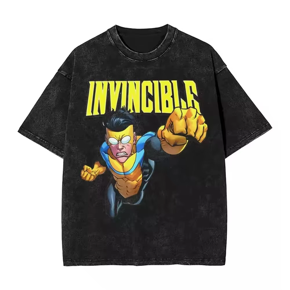 Nouvelle Arrivée 2026 T-shirt Homme Rétro Invincible Motif Dessin Animé et Bande Dessinée Effet Délavé