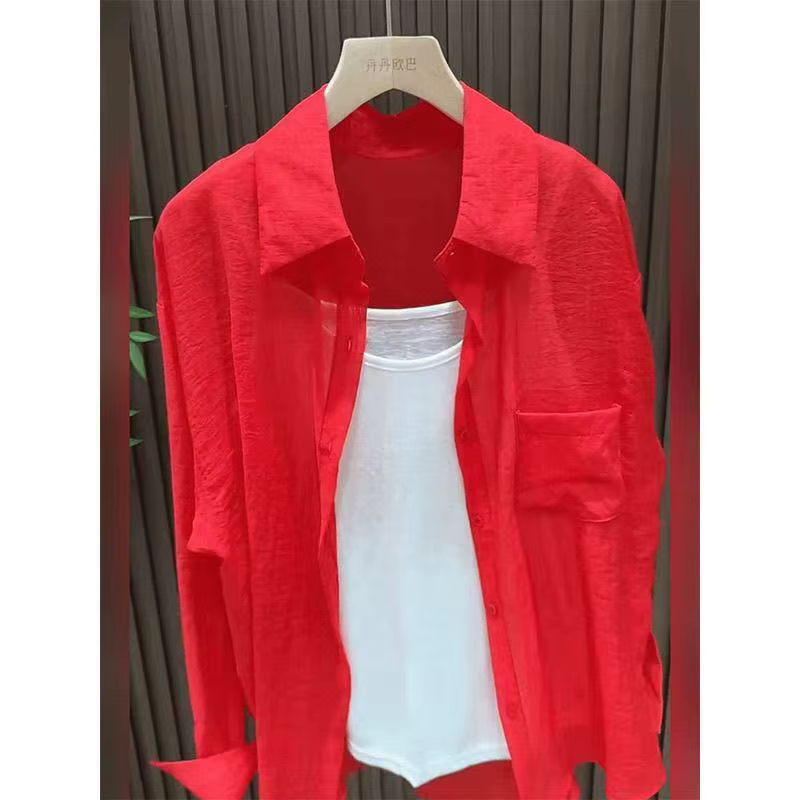 Chemise de Protection solaire à manches longues et col Polo rouge pour femmes