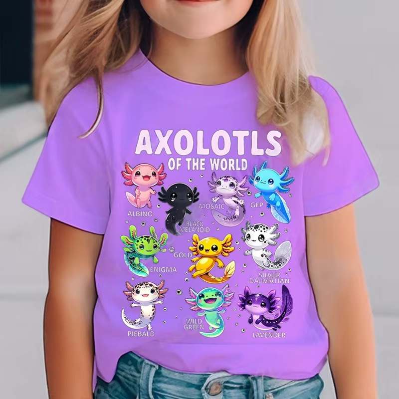 Dessin animé coloré Axolotls graphique impression 3D T-Shirt été décontracté confortable filles vêtements 2-10Y
