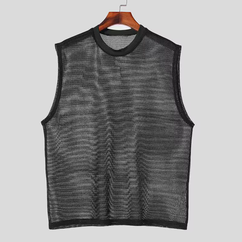 Mode hommes hauts réservoir creux Sexy maille pure Perspective gilet filet de pêche Muscle sans manches voir à travers les t-shirts pour homme