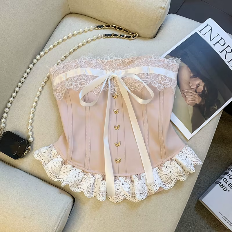 MEXZT Débardeur rose à nœud pour femme, style streetwear, camisole noire en dentelle sans bretelles, corset blanc sexy dos nu, vêtements de mode estivaux, nouveauté