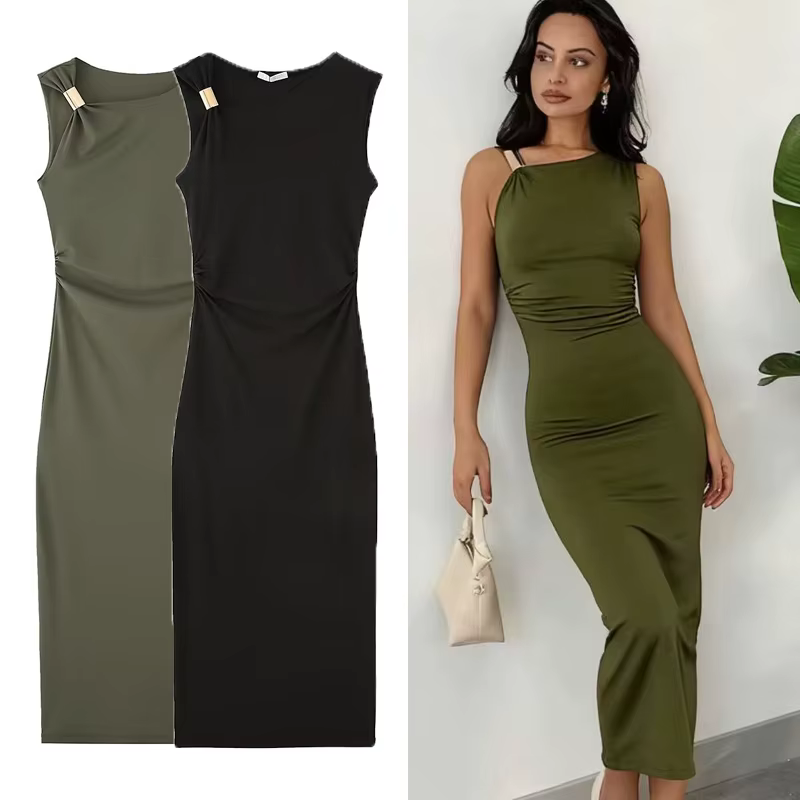 Femme Sexy sans manches longues robes asymétrique 2025 été taille robe serrée avec accessoires en métal femmes