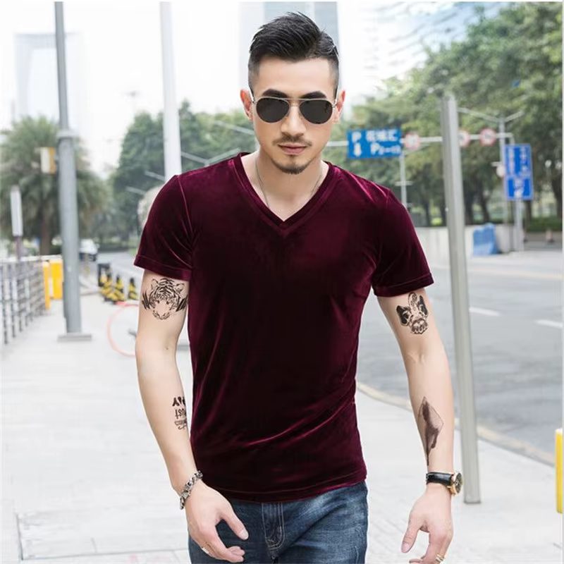 Économie en velours vintage pour hommes, manches courtes, col en V, monochromatique, noir, bleu, vin, taille Y, grande, 5XL, 6XL, 7XL, printemps, été, 2024