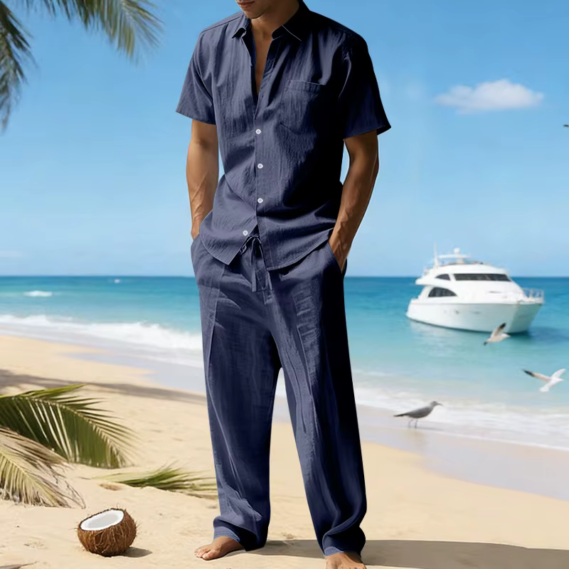 Ensemble chemise à manches courtes en lin et pantalon décontracté pour homme