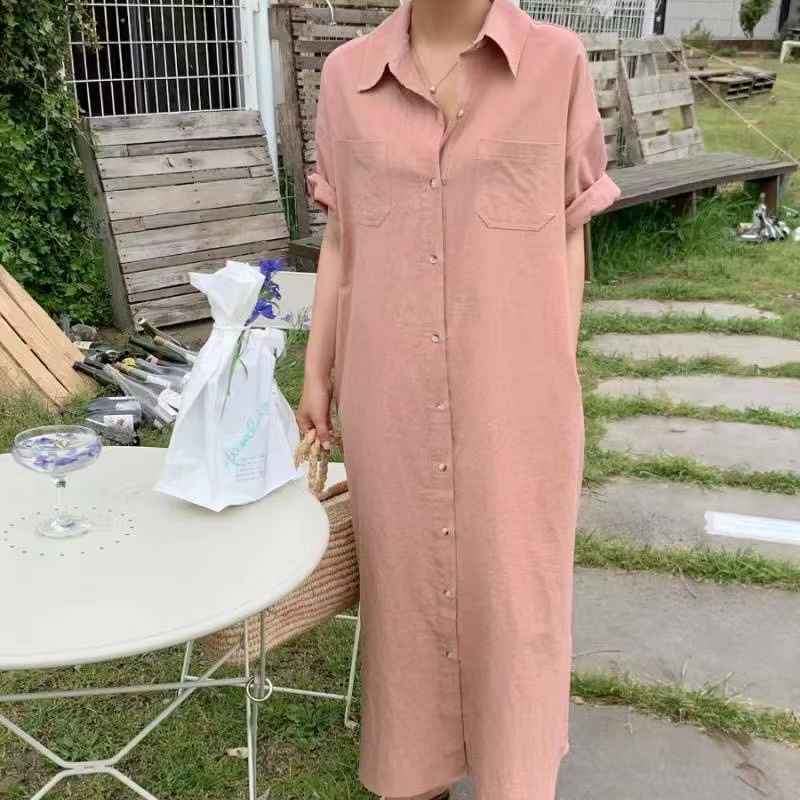 Robe chemise pour femme, idéale pour le quotidien, été, manches longues ou courtes, longueur genou, jupe longue