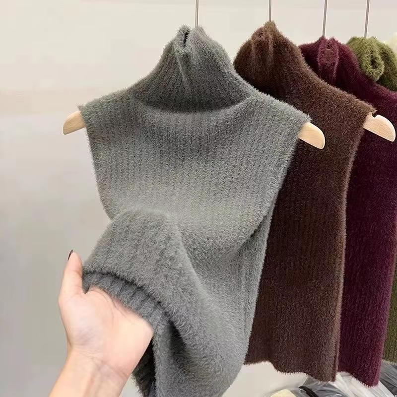 Femmes automne hiver sans manches pull gilet débardeurs couleur unie mince chemise à fond tricoté col roulé pulls dames hauts