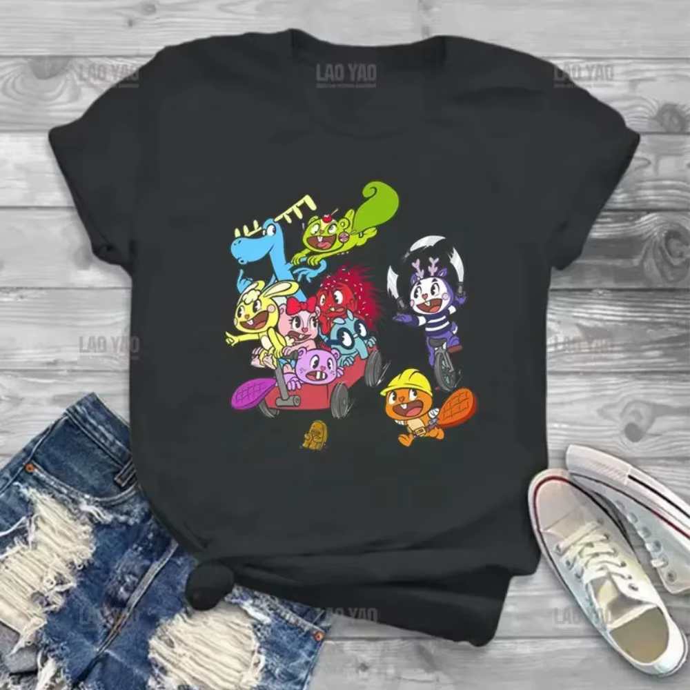 2025 été dessin animé T-shirt mignon tous les personnages joyeux arbre amis câlin dames TStudent