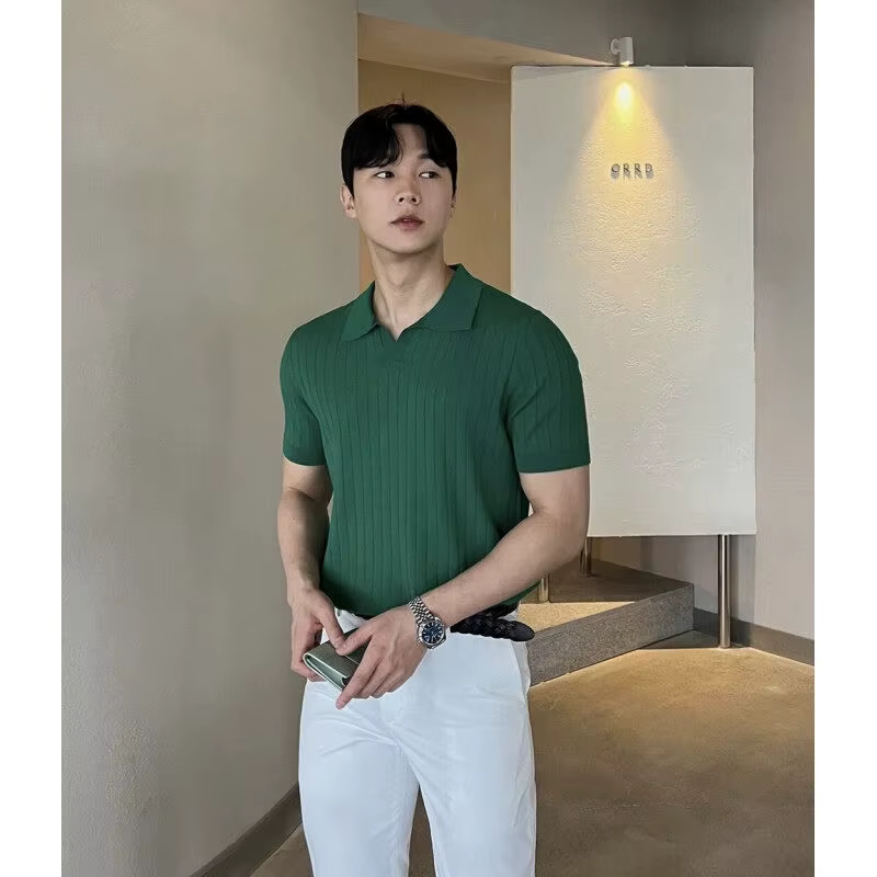 Hommes Slim Fit Polos Solide Stretch Sexy Col TShirt Mode Tendance Coton Haut Décontracté Vêtements D'été Confortable Extensible