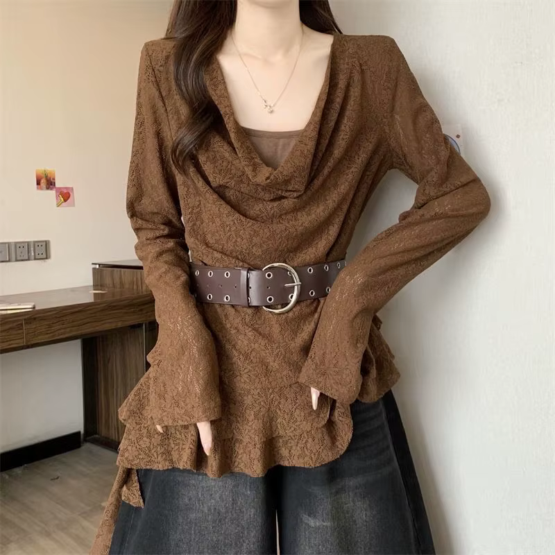 T-shirt élégant à manches longues et col en dentelle pour femme