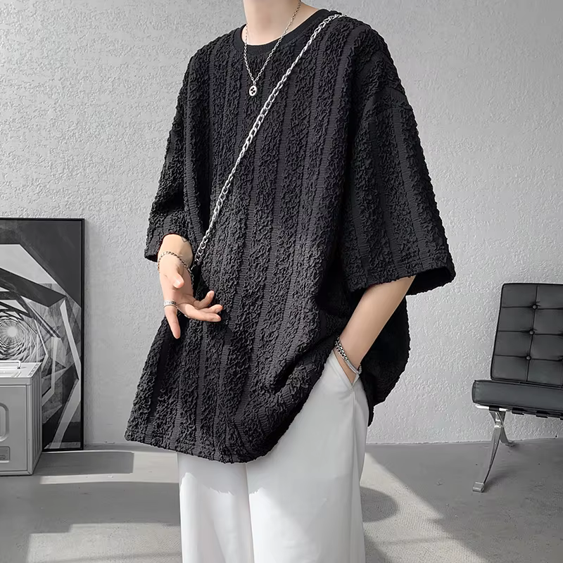 T-Shirt Plissé à Rayures Verticales pour Homme
