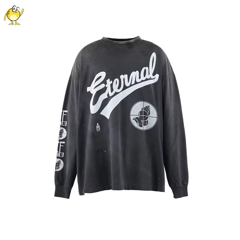 Nouveau Streetwear SAINT à manches longues t-shirt hommes femme lavé faire vieux endommagé mode col rond haut