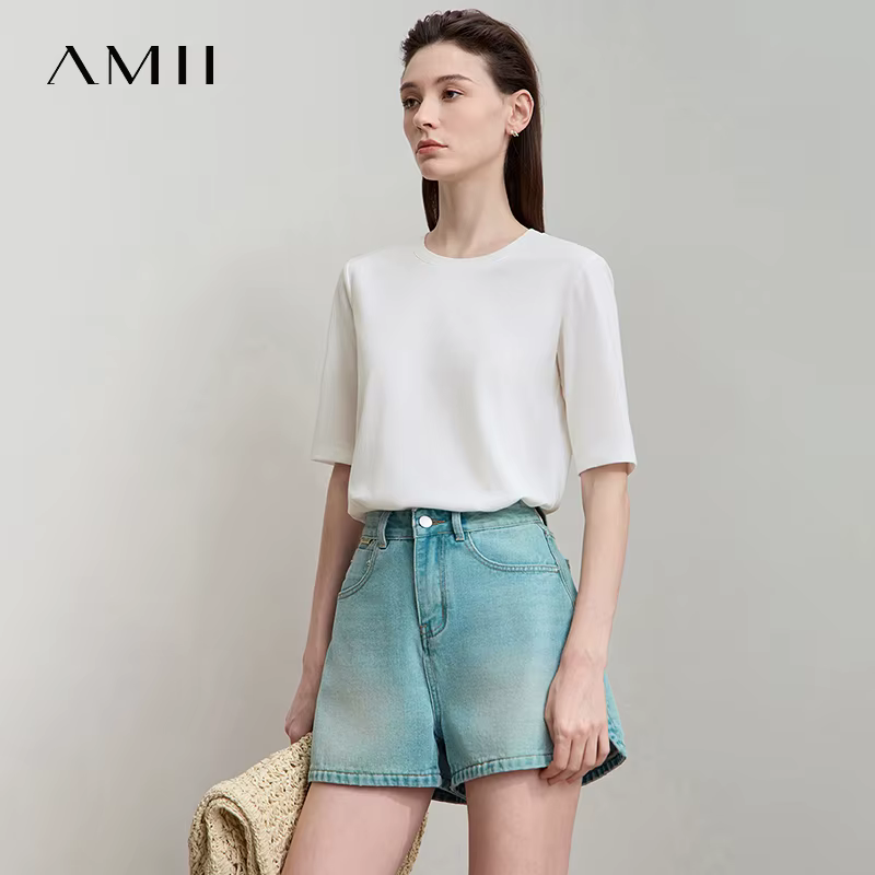 AMII minimaliste coton noir T-Shirt pour femmes 2025 bureau dame O cou plaine tricot
