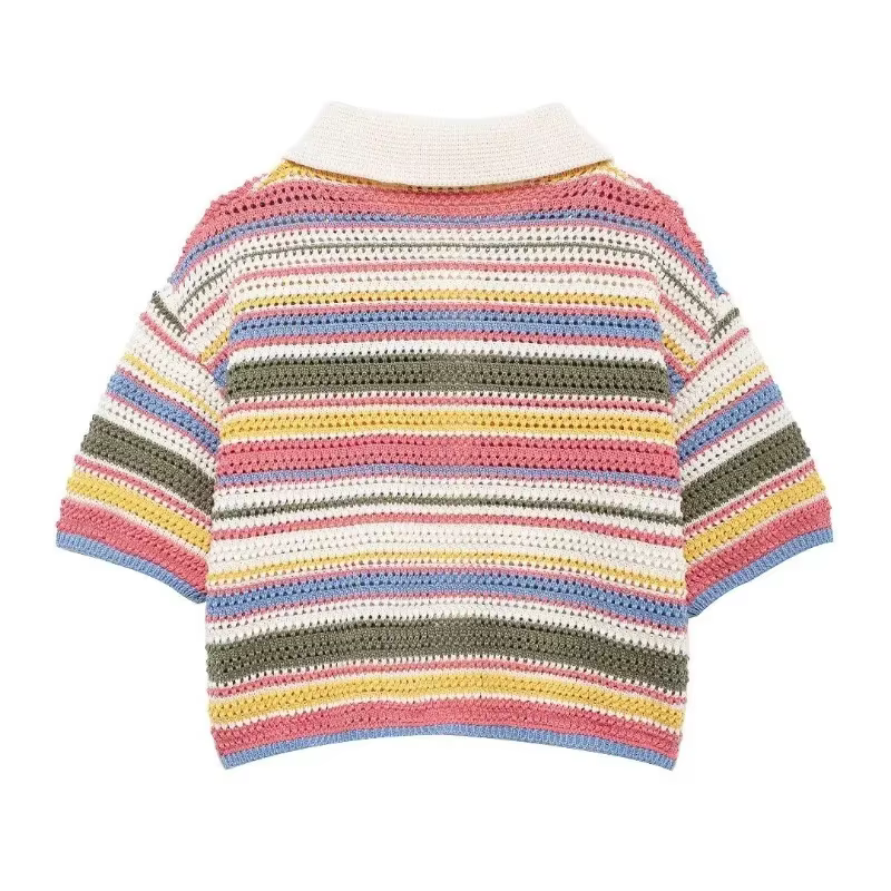 Pull court rayé en tricot au crochet pour femme